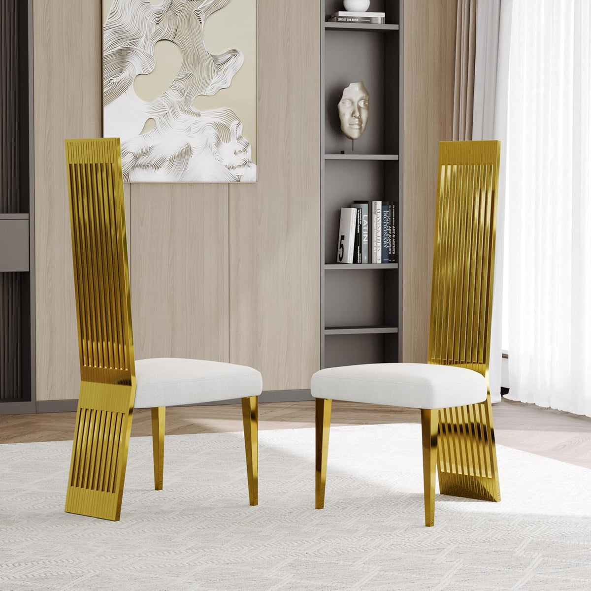 White and Gold Dining Chairs Set of 2, Upholstered Boucle Dining Room Chairs with Slatted Polished Stainless Steel High Back and Legs, Modern Luxury Kitchen Room Chairs