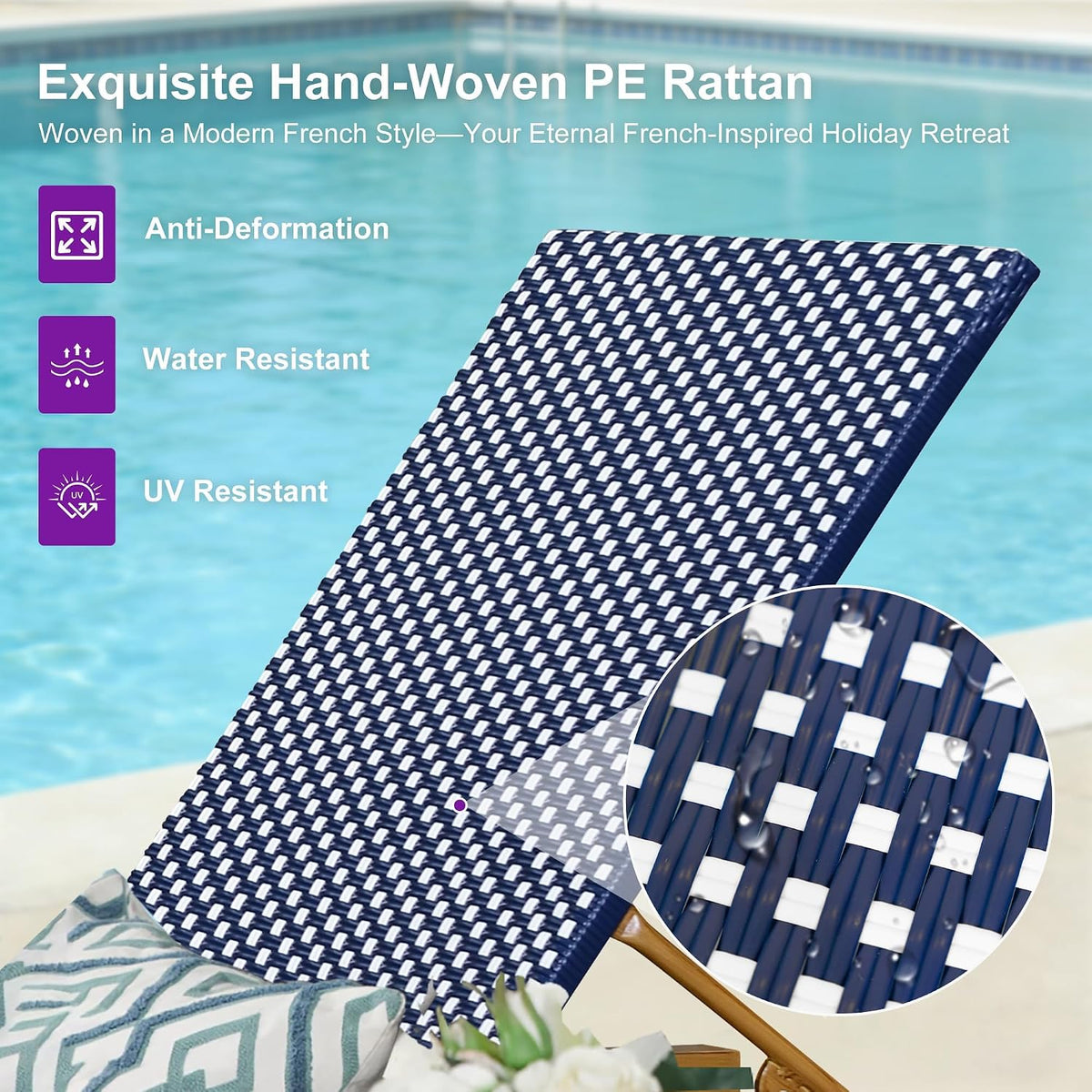 PURPLE LEAF Extra Wide Patio Lounge Chair Resort Wicker Set of 2, Navy | Handwoven Wicker, Teak Wood-Grain Aluminum Frame, 5 Adjustable Positions, Non-Slip Pads, Oversized Frame, 440 lbs Capacity