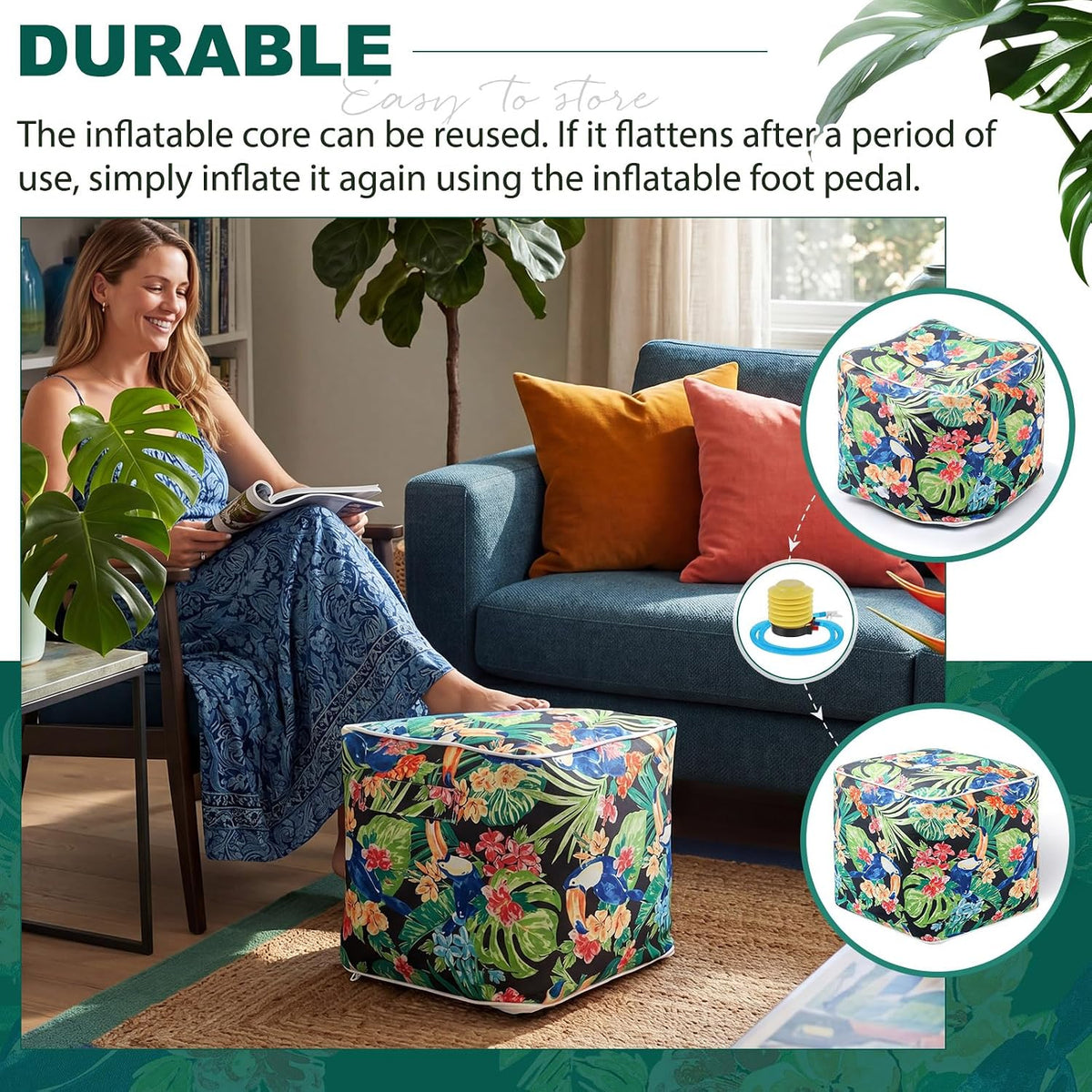 Juexica 2 Pack Inflatable Outdoor Ottoman Pouf Waterproof Cube 16" Square Blow up Ottoman Footrest with Handle Outdoor Portable Footstool for Patio Garden Camping or Home Pool(Parrot,Black)