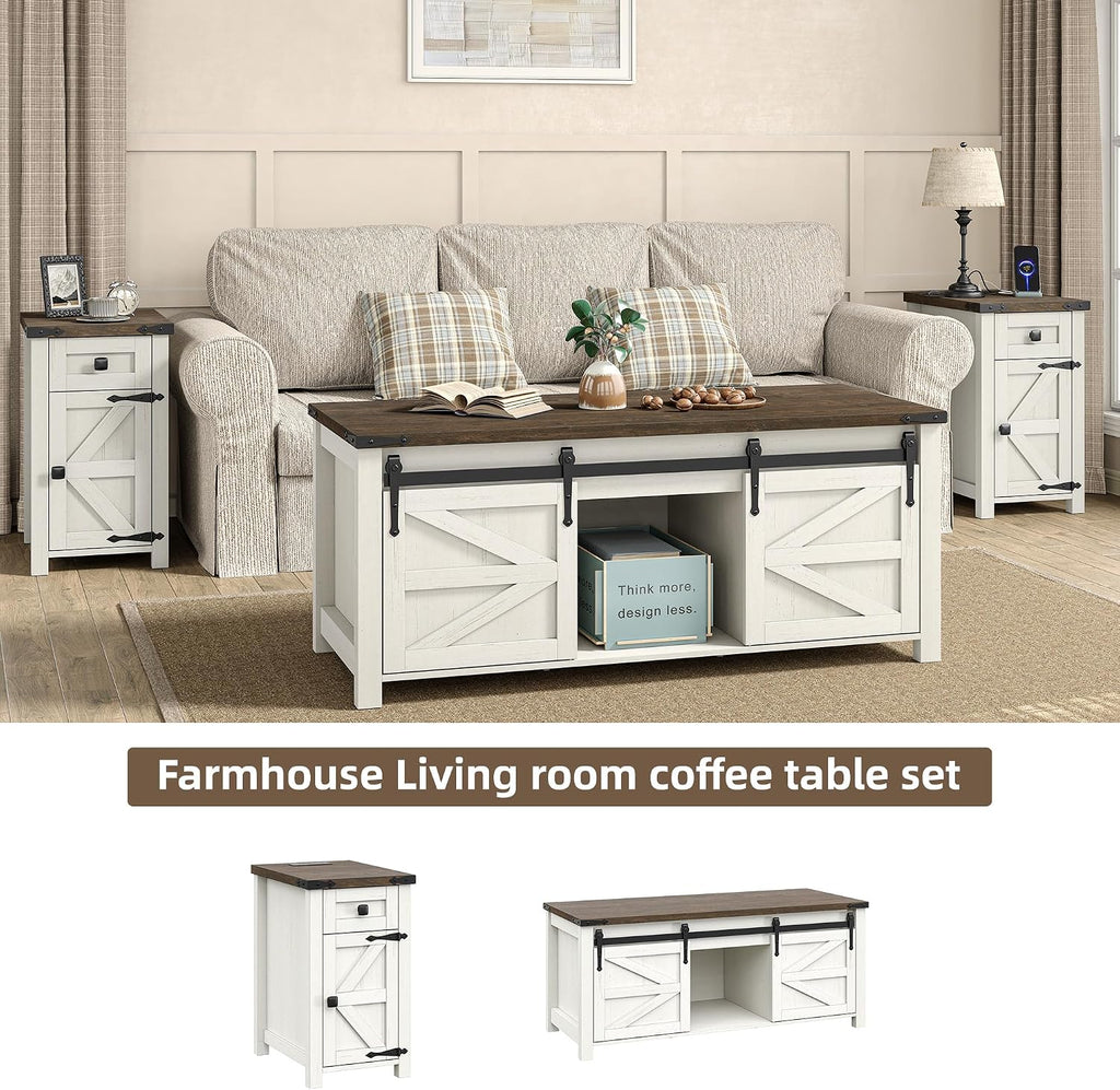 Furnihold Farmhouse CoffeeTable Set of 3, Living Room 3 Pieces Coffee Table Set, End Table Set of 2 with Charging Station and Lift Top Coffee Table with Storage for Home Office, Brown Top