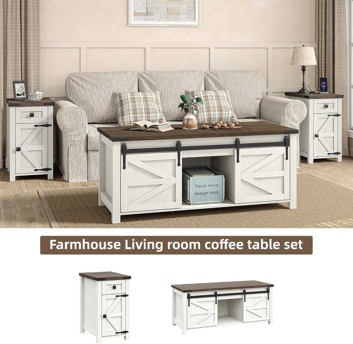Furnihold Farmhouse CoffeeTable Set of 3, Living Room 3 Pieces Coffee Table Set, End Table Set of 2 with Charging Station and Lift Top Coffee Table with Storage for Home Office, Brown Top
