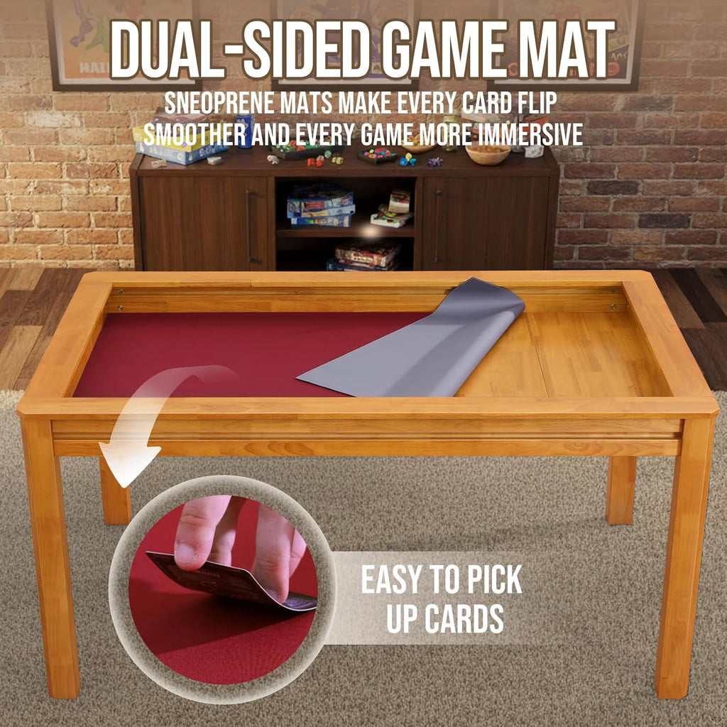 63" Solid Wood Board Game Table for Gaming/Dining, Removable Top | Gaming Table for 4–6 Players with 54" x 30.7" Play Area, Neoprene Play Mat, Leaf Storage Rack, 6 Cup Holders & Trays, Nature