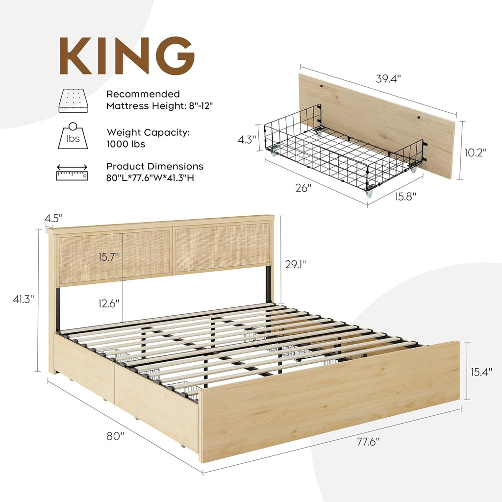 Brafab Natural Rattan King Bed Frame with Headboard, 4 Storage Drawers