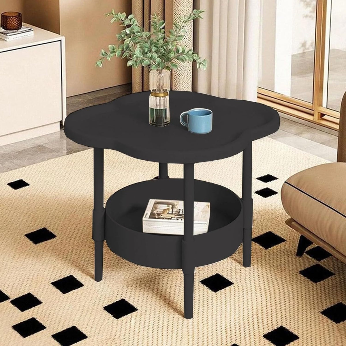 2-Tier Side Table with Removable Tray, Modern Small Coffee End Table for Living Room, Bedroom, Balcony, Indoor Outdoor Use (Black, One Size)