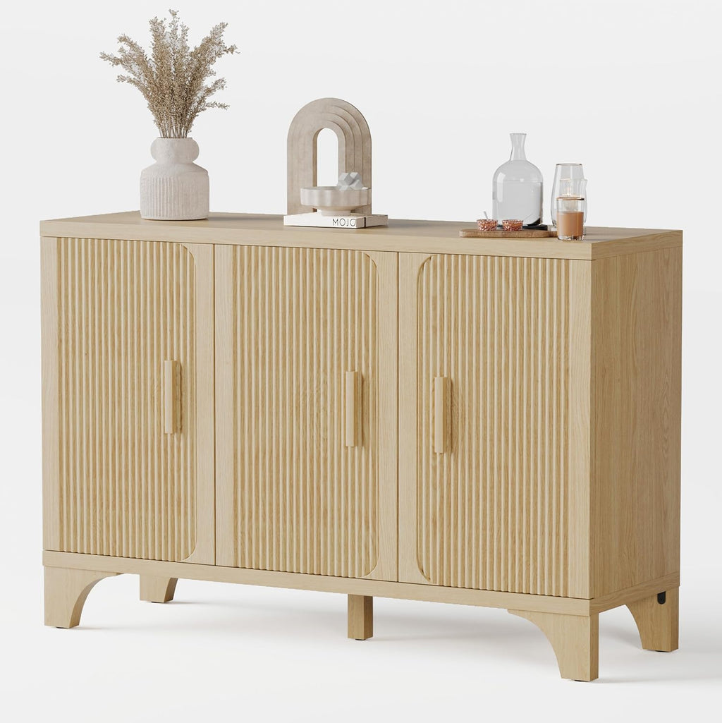 Mid Century Modern Fluted Buffet Cabinet with Storage, Accent Sideboard and Credenza Storage Cabinet with Doors, Wood Coffee Bar Console for Kitchen, Living Room (Oak, 47" 3-Door)