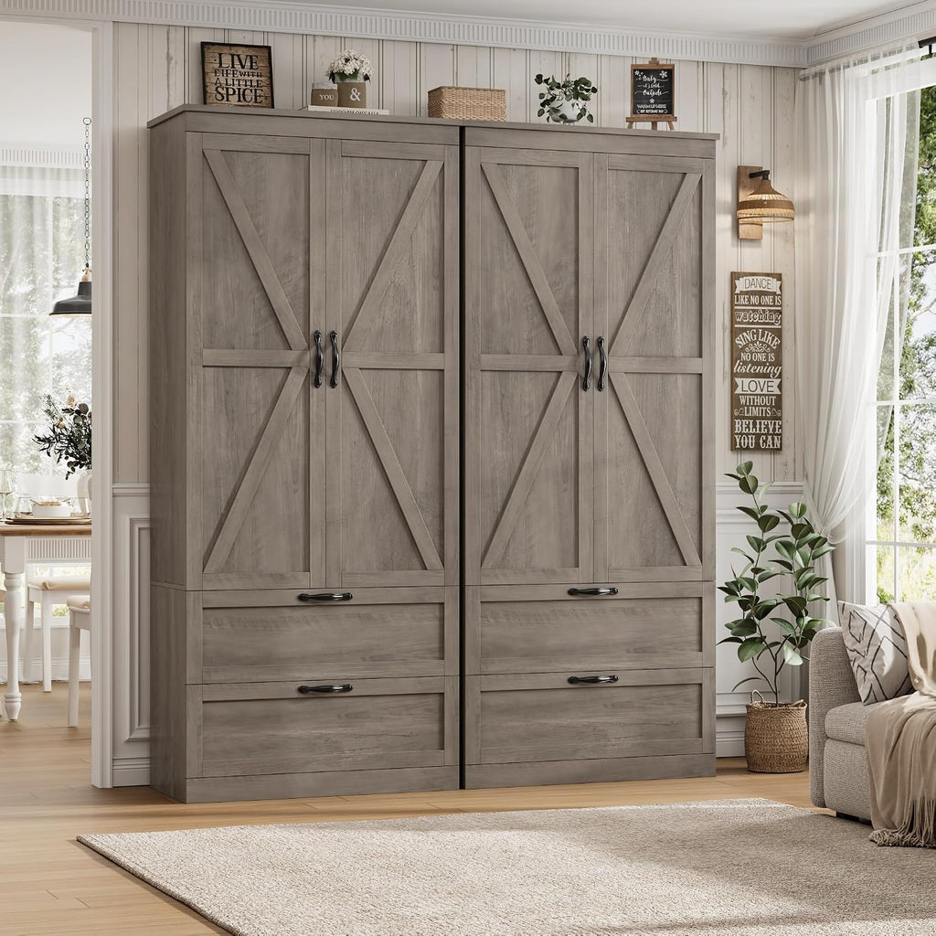 HOSTACK 70" Tall Kitchen Pantry Storage, Barn Doors Pantry Cabinet with Drawers and Adjustable Shelf, Modern Farmhouse Storage Cabinet for Kitchen, Dining Room, Living Room, Bathroom, Ash Grey