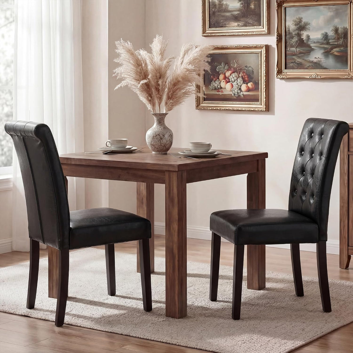 LSSBOUGHT Modern Tufted Dining Chairs Set of 6, Button Padded Leather Kitchen Chairs with Solid Wood Legs (Black, Set of 6)