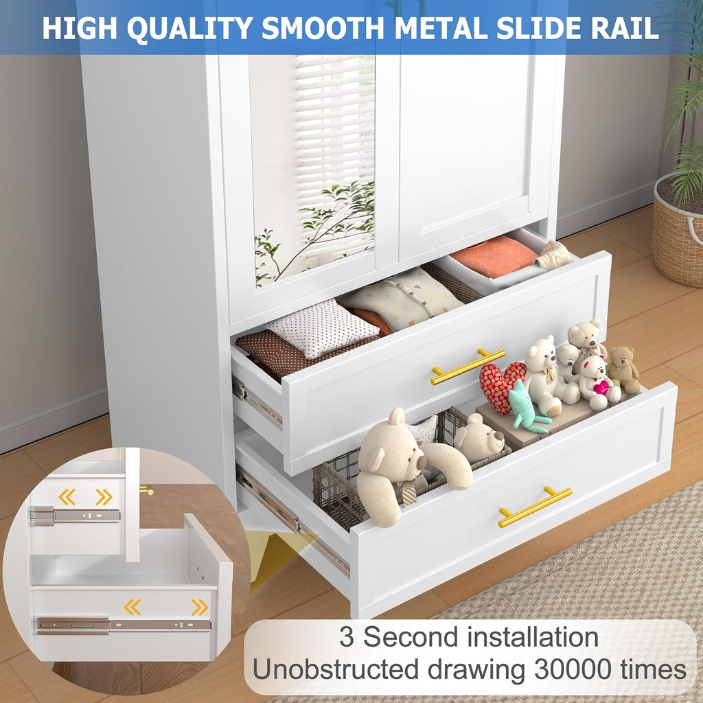 GAIOUS Steel Armoire Wardrobe Closet with Mirror and 2 Drawers 71" White | Clothes Storage Cabinets with 2 Doors, 1 Adjustable Shelf, Metal Wardrobe Cabinet with Hanging Rod for Bedroom, Gym, Cloak