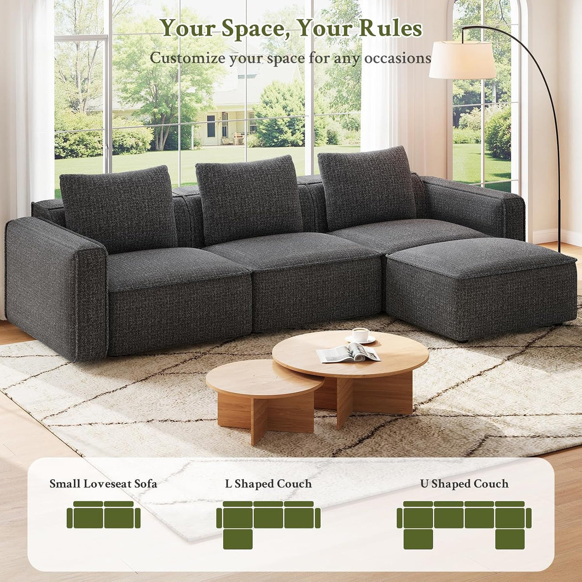Welzona 103" Modular Sectional Sofa, Sectional Couch, Sofas for Living Room | Comfy Cloud Couch, Tool-Free Setup Couches for Living Room, Wood Frame L Shaped Couch with Ottoman, 22" Deep Seat, Grey Sofa
