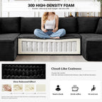 134 Inch Modular Sectional Sofa, Cloud Couch for Living Room | Modern Corduroy Couch with Side Pockets & Cup Holders, Oversized 4-Seater Deep Seat Sofa, No Assembly Required, Black