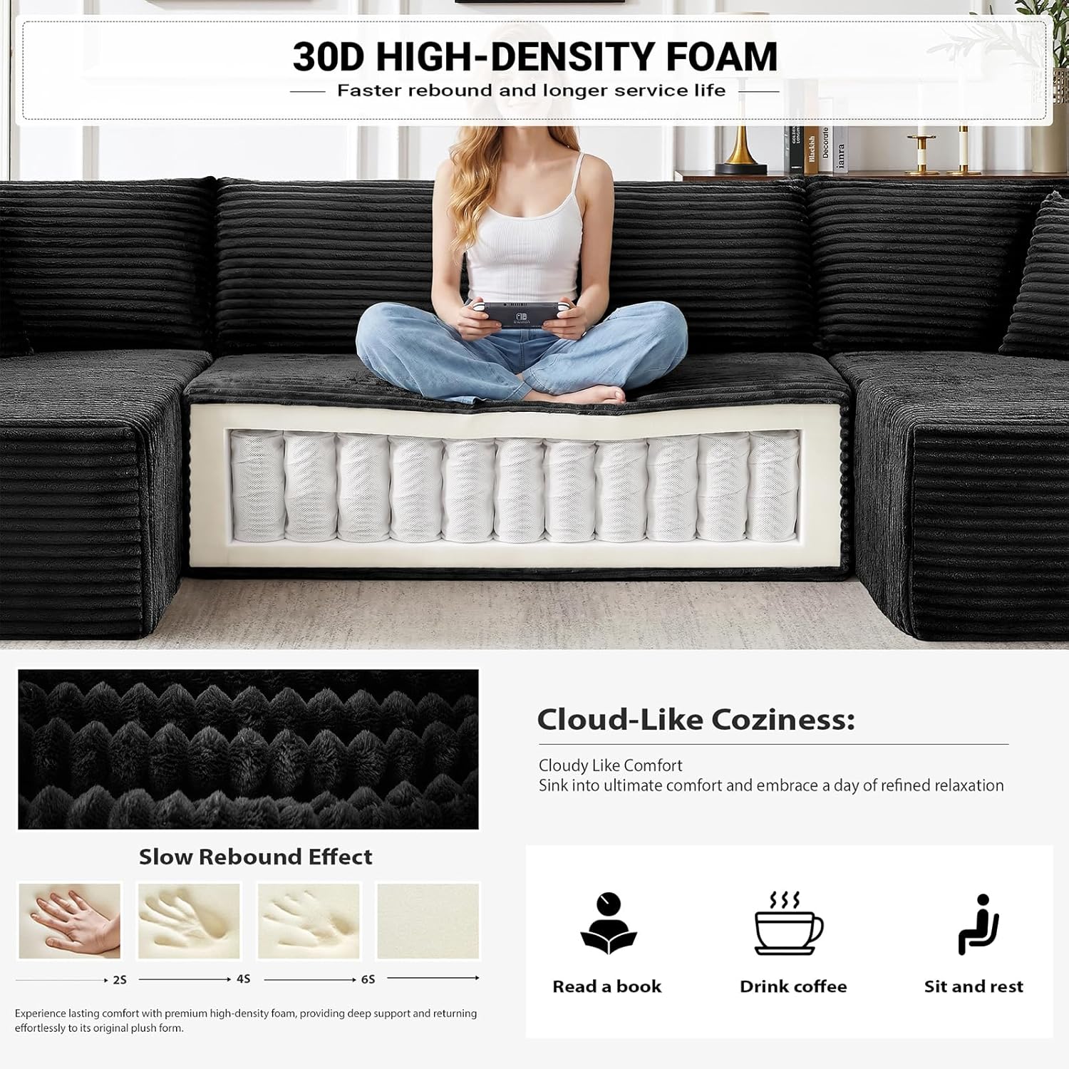 134 Inch Modular Sectional Sofa, Cloud Couch for Living Room | Modern Corduroy Couch with Side Pockets & Cup Holders, Oversized 4-Seater Deep Seat Sofa, No Assembly Required, Black