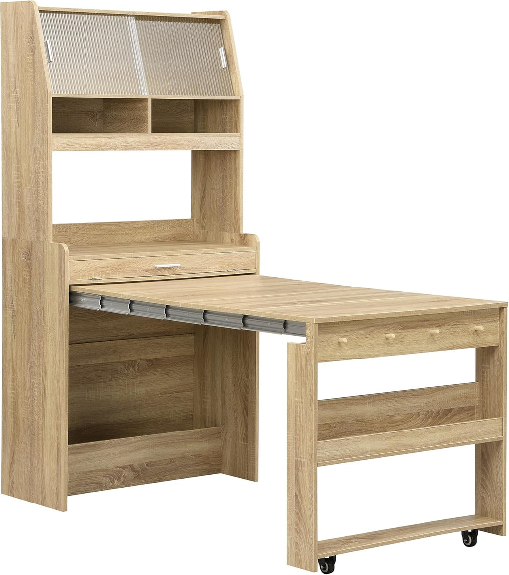JIJIWANG Compact 33.5x15.7x69inch Buffet with Hutch and Foldable Dining Table, Multifunctional Cupboard with Storage Shelf and Side Hooks for Small Places (Natural Oak, 66.1" L x 31.5" W x 69" H)
