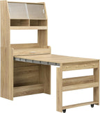 JIJIWANG Compact 33.5x15.7x69inch Buffet with Hutch and Foldable Dining Table, Multifunctional Cupboard with Storage Shelf and Side Hooks for Small Places (Natural Oak, 66.1" L x 31.5" W x 69" H)