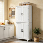 Scurrty Kitchen Pantry Cabinet, 69'' Pantry Storage Cabinet with 4 Doors and Shelves, Farmhouse Kitchen Cabinet with 3 Drawers, Freestanding Wooden Cupboard for Living Room and Dinning Room (White)