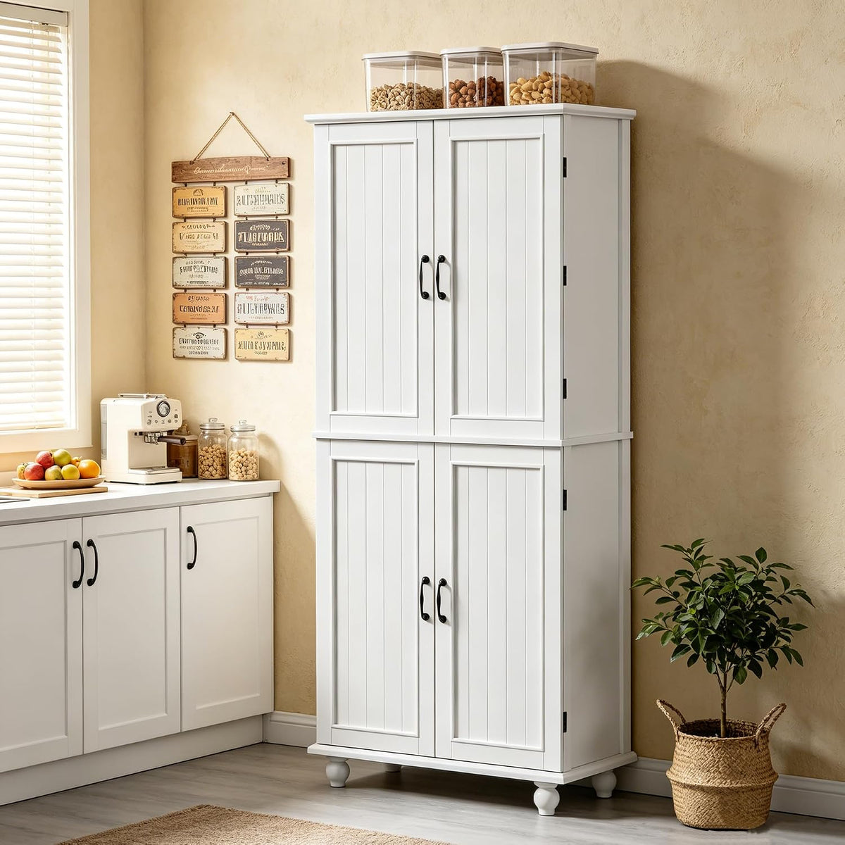 Scurrty Kitchen Pantry Cabinet, 69'' Pantry Storage Cabinet with 4 Doors and Shelves, Farmhouse Kitchen Cabinet with 3 Drawers, Freestanding Wooden Cupboard for Living Room and Dinning Room (White)