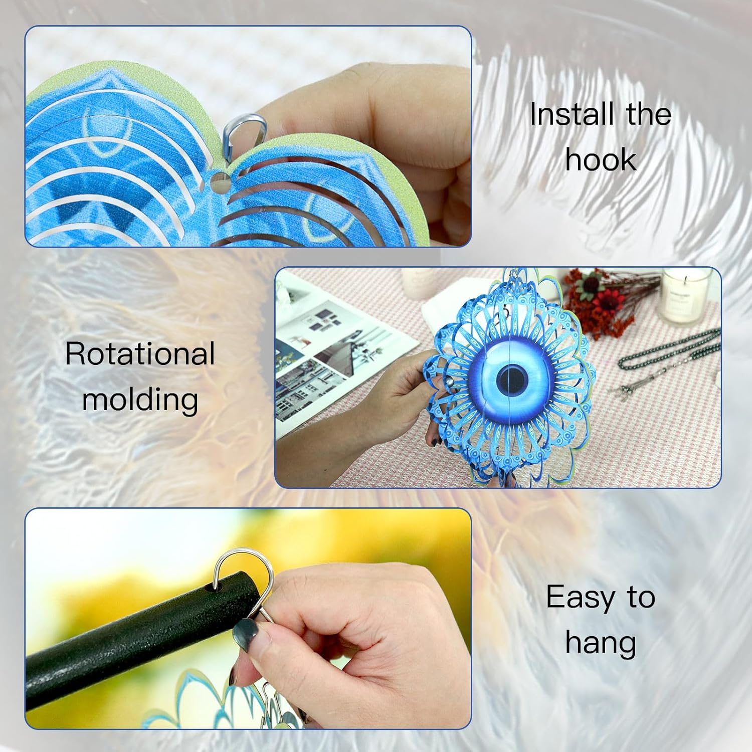Blue Evil Eye Hanging Wind Spinners Outdoor Metal Evil Eye Decor Mandala 3D Stainless Steel Wind Spinner Protective Amulet for Home Outdoor Garden Yard Decoration (Mandala)