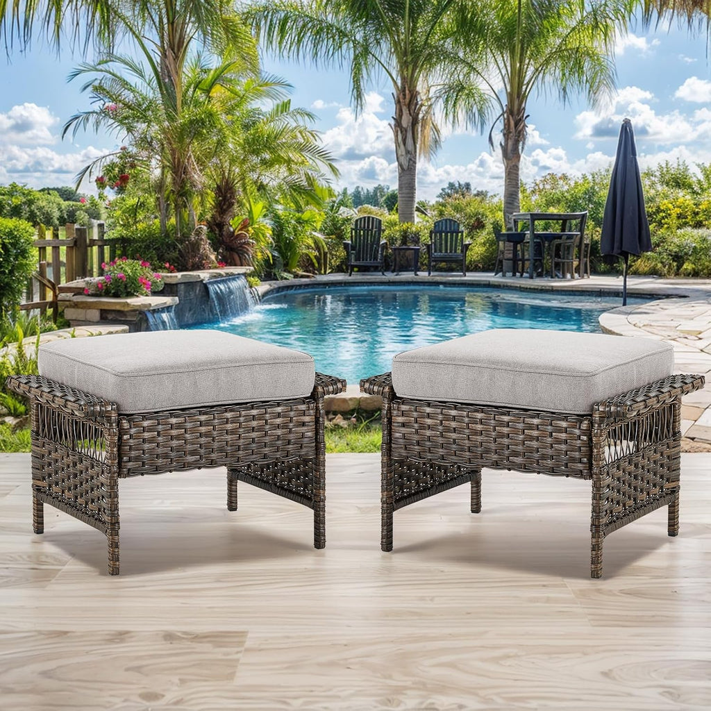 Patio Ottomans 2 Piece Outdoor Wicker Ottomans PE Rattan Footrest with Thickened Cushions Footstools for Garden Sunroom Deck Porch Balcony Poolside, Ottomans(2PCS), Brown|Beige