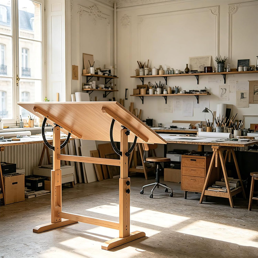 MEEDEN Extra-Large Wood Drafting Table: 42" x 30" Artist Drawing Table Desk - Painting Table with Adjustable Height & Angle - Art Table for Adults with Pencil Ledge for Sketching, Writing, Natural