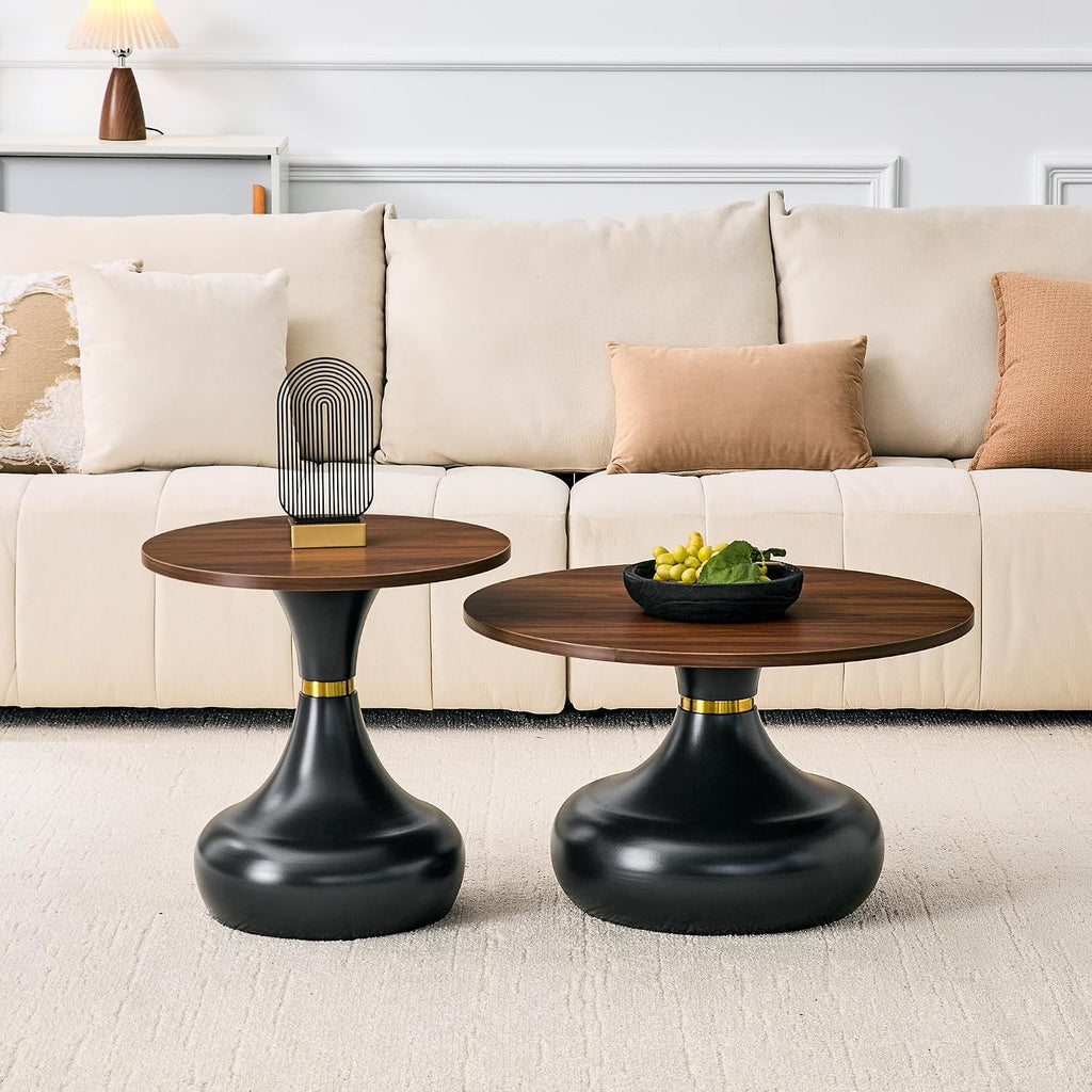 Nesting Coffee Table Set of 2, Modern Rustic Round Wood Center Table Set | French Luxury Circle Tea Table Set with Pedestal Base for Living Room, Apartment, Bedroom, Reception Room, Black and Walnut