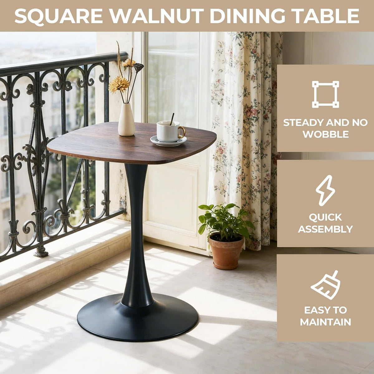 24" Square Tulip Dining Table for 2-4, Modern Kitchen Table with Pedestal Base, End Table Drink Table Small Bistro Table for Small Spaces, Apartment, Cafe, Office, Living Room (Black + Dark Walnut)