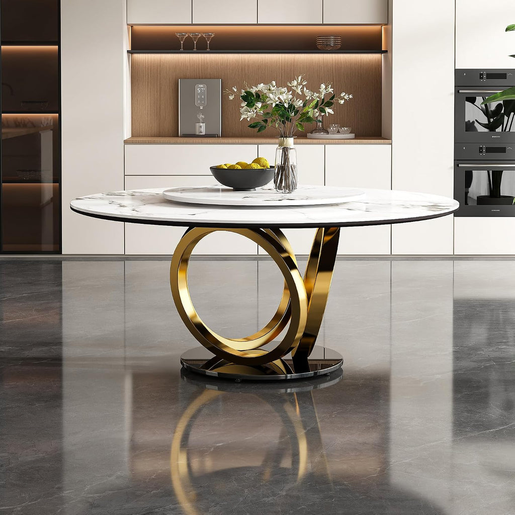 Montary 59” Modern Round Dining Table for 6-8 Seat, Artificial Marble Dining Room Table with Lazy Susan, 3 Gold Circles Stainless Steel Base, Sintered Stone Top Dining Table (Only Table)