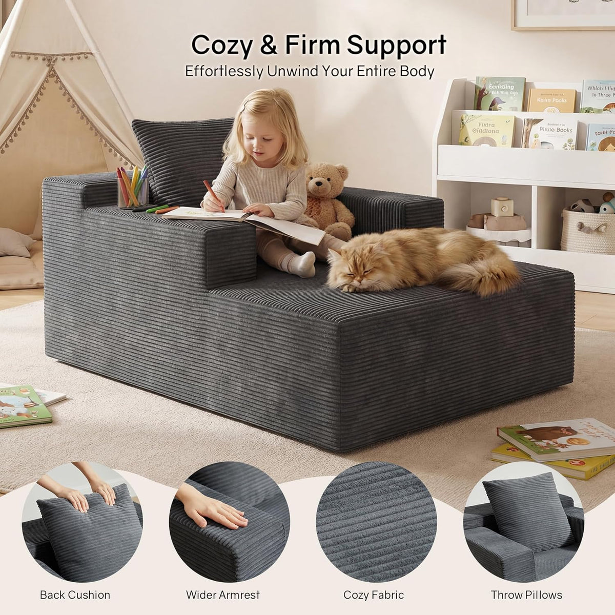 GRUSIGN 45" Chaise Lounge Chair Indoor, Corduroy Floor Sofa Bed, Deep Seat Sleeper Couch Reading Chairs for Bedroom Living Room, Movie Room | No-Assembly