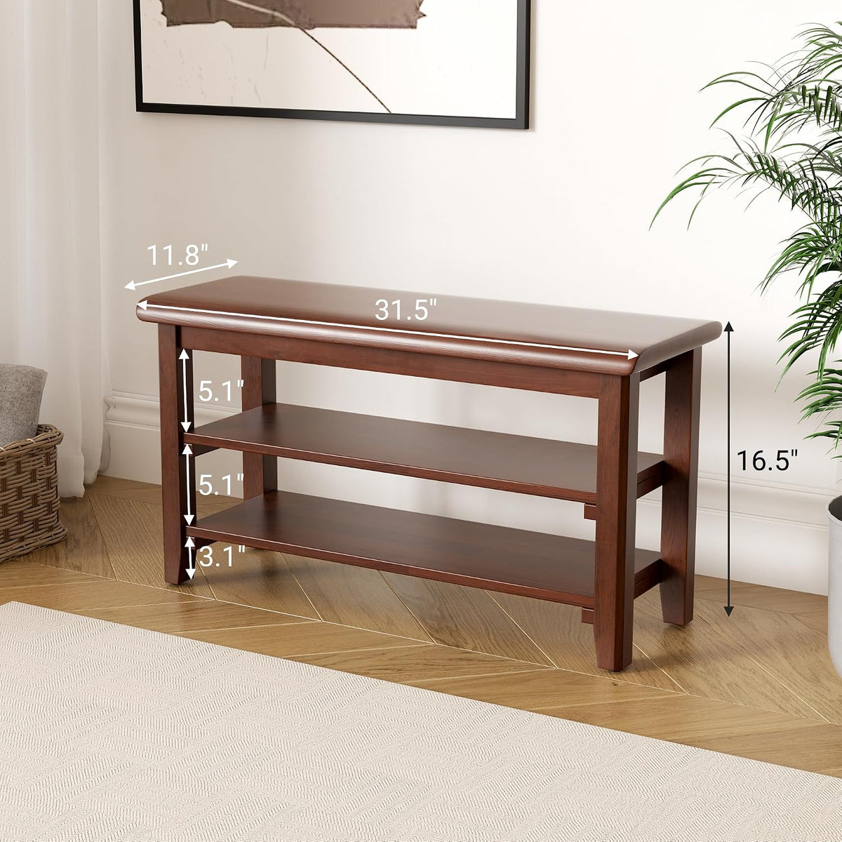 SShoe Rack Bench Mid Century Modern 2-Tier Shoe Rack Organizer for Entryway Hallway or Living Room Farmhouse Rustic Wooden Seat Bench Brown 11.8" Dx31.5 Wx16.5 H