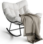 GarveeLife Outdoor Papasan Rocking Chair for Balcony Backyard Porch Bedroom | Oversized Rocking Chair with Sturdy Metal Frame, Patio Egg Rocker (White)
