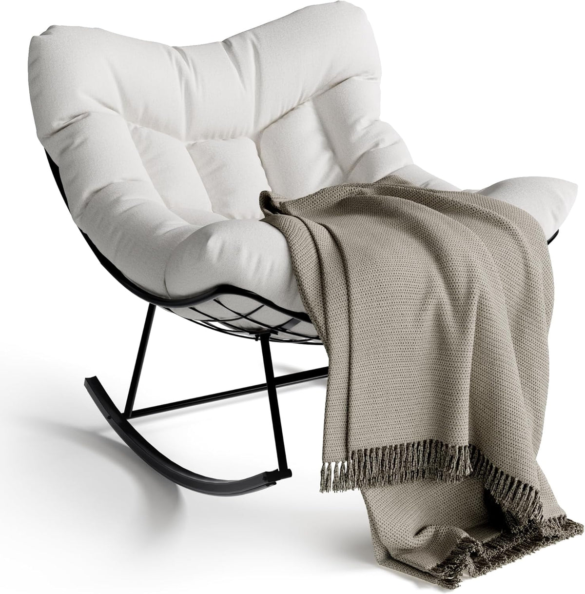 GarveeLife Outdoor Papasan Rocking Chair for Balcony Backyard Porch Bedroom | Oversized Rocking Chair with Sturdy Metal Frame, Patio Egg Rocker (White)