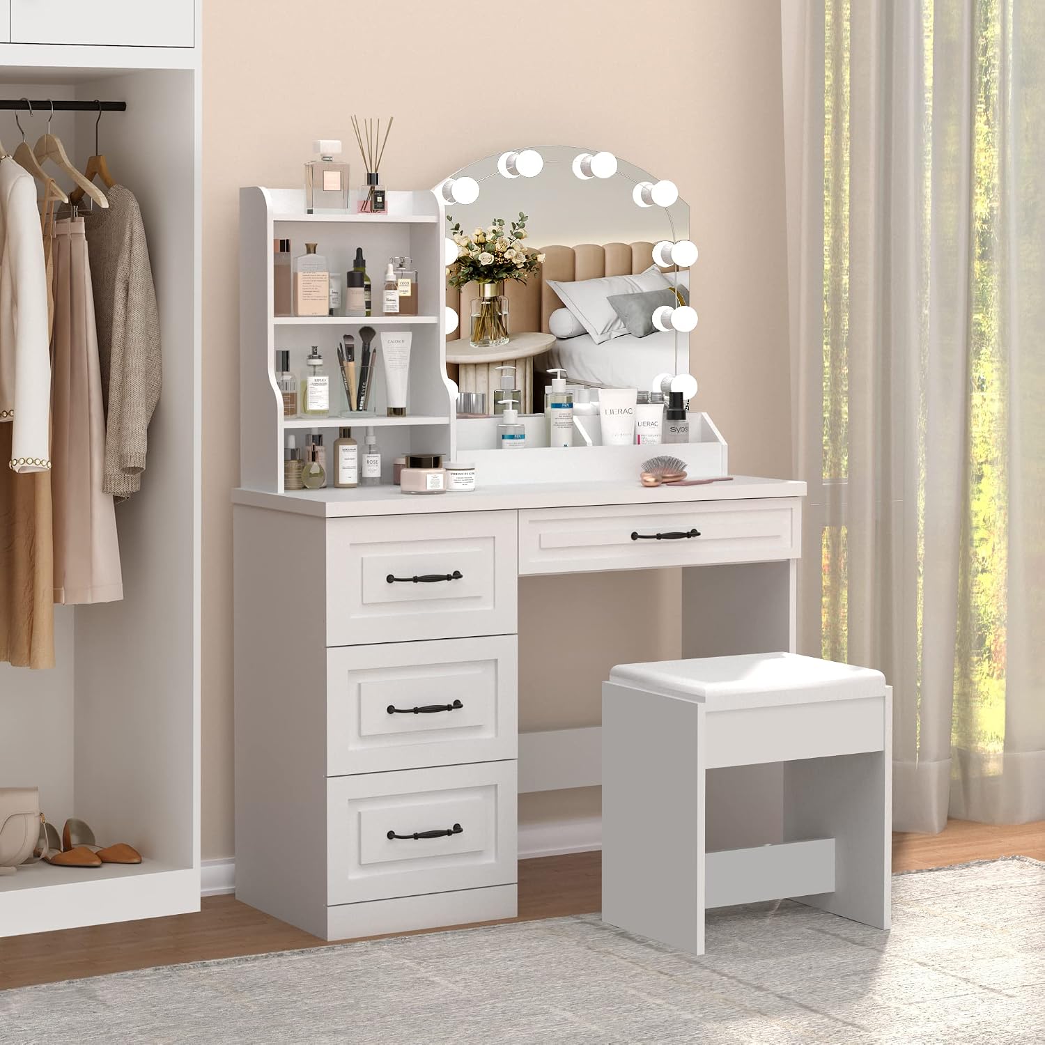 Vabches Vanity Desk with Mirror and Lights,Makeup Vanity Set for Bedroom | White Dressing Table 3 Lighting Colors, 4 Drawers
