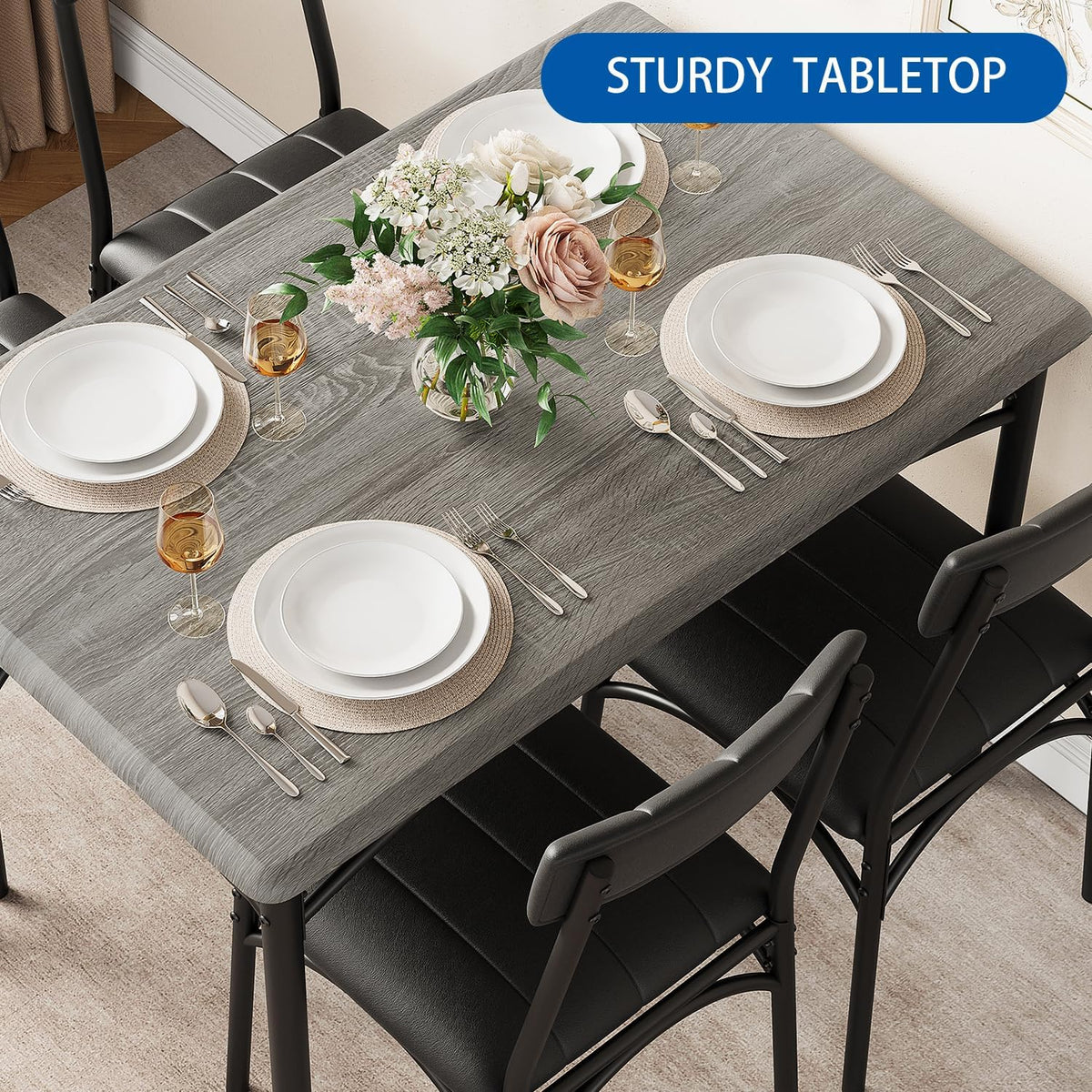 IDEALHOUSE Dining Table Set for 4, Kitchen Table with Chairs for 4, Rectangular Wood Dining Room Table Set with Upholstered Bench for Small Space, Dinner, Apartment, Retro Gray