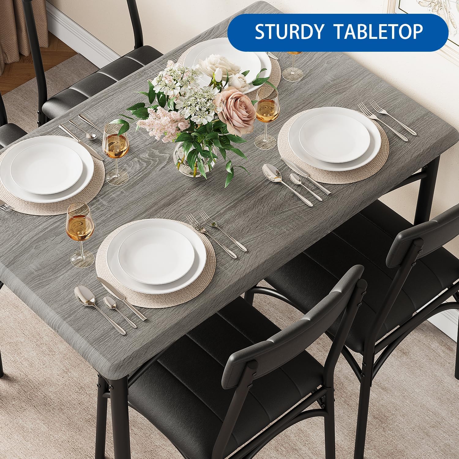 IDEALHOUSE Dining Table Set for 4, Kitchen Table and Chairs for 4 with Upholstered Chairs, 5 Piece Rectangular Kitchen Table Set, Dining Room Table Set for Small Space, Apartment, Retro Gray