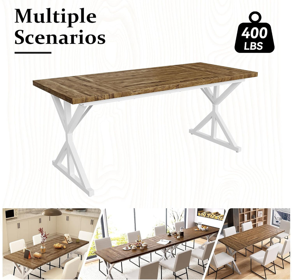 70.8 Inch Rectangular Dining Table for 6-8 People, Farmhouse Kitchen Table with Metal Base & Solid Wood Top, Easy Assembly, Water-Resistant, for Dining Room & Kitchen, Natural & White