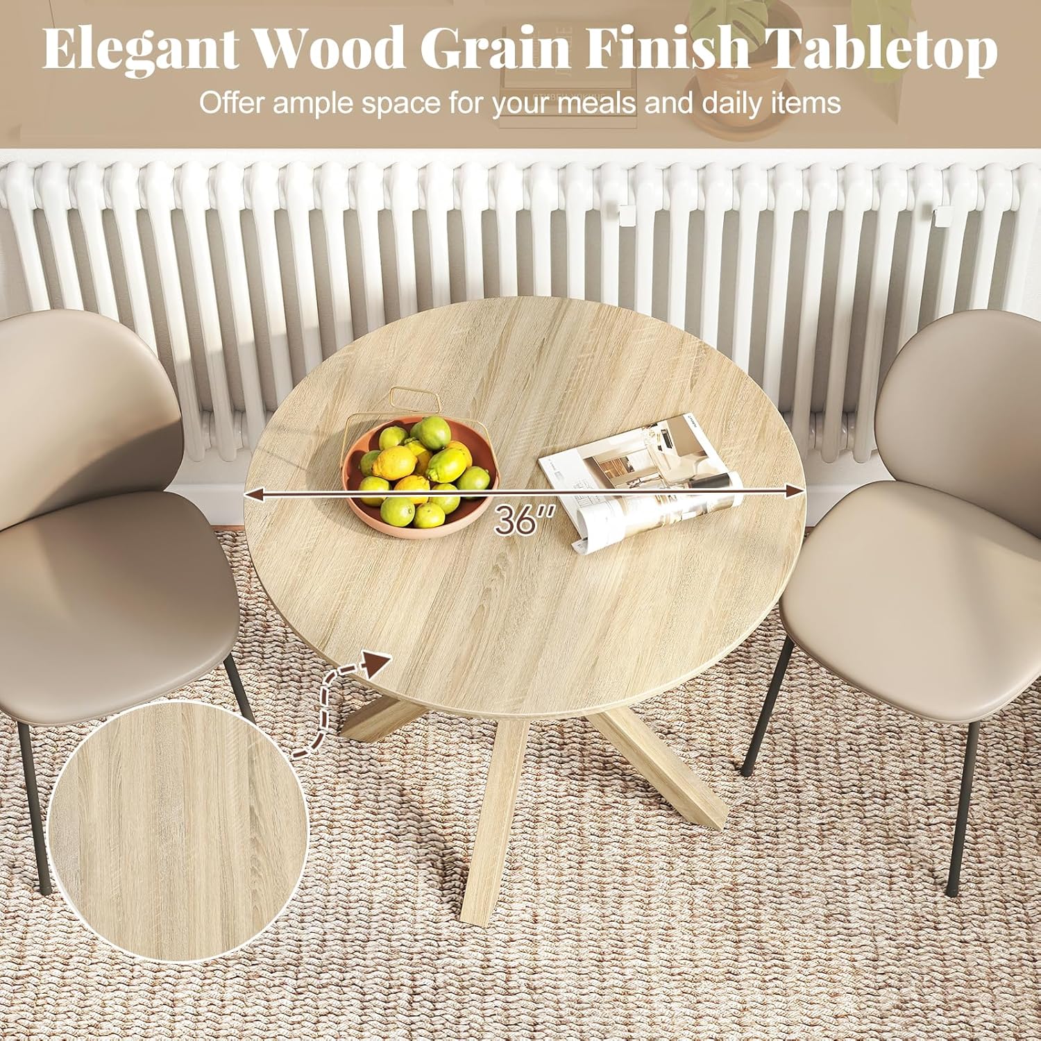 Moccha 36" Round Dining Table for 4 - Rubber Wood Kitchen Table with Intersecting Trestle Legs, Vintage Bar Table, Farmhouse Dining Room Tables for Dinette, Small Space, Restaurant, Bistro (Oak)