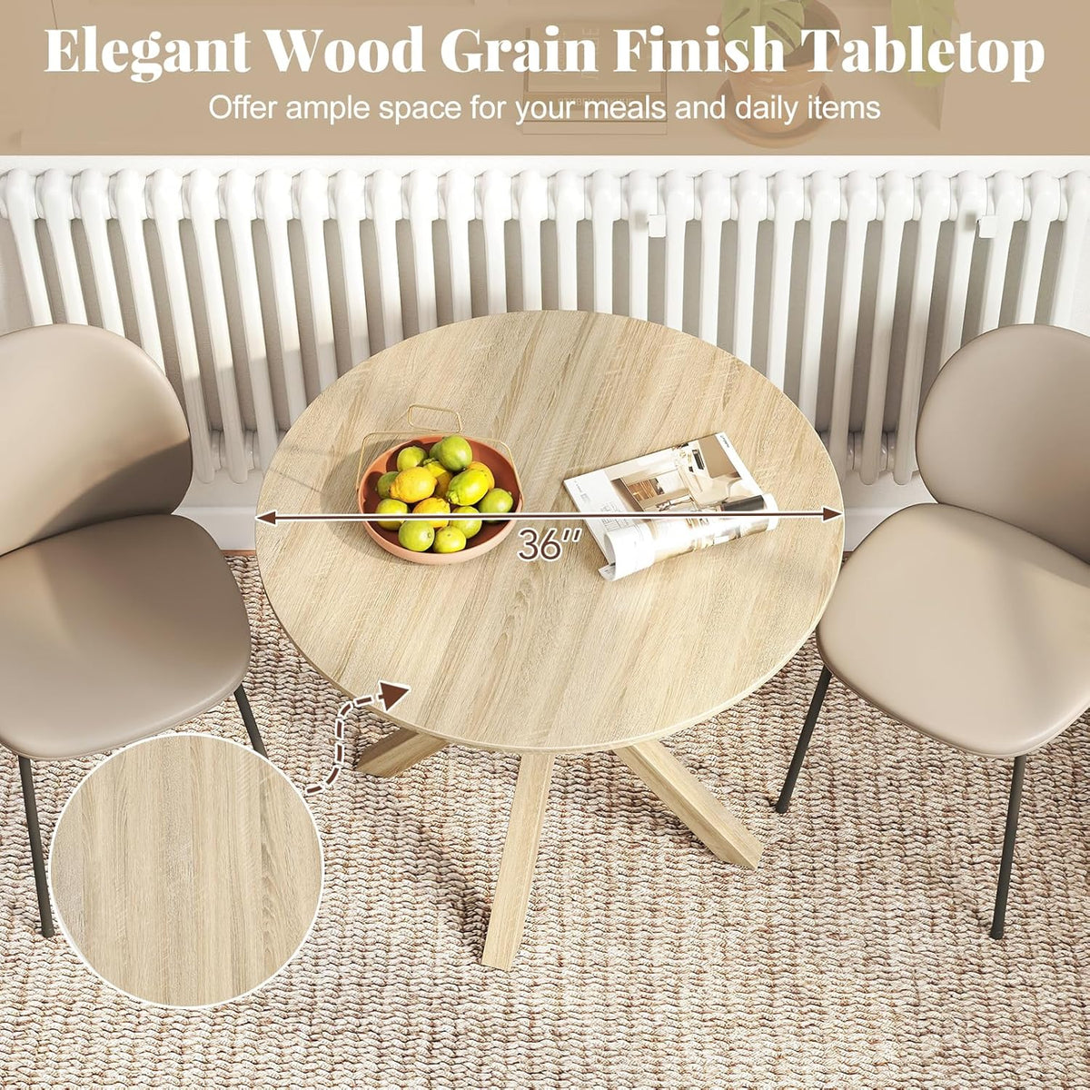 Giantex 36" Round Dining Table for 4, Farmhouse Kitchen Table with Rubber Wood Legs, Adjustable Foot Pads, Dining Room Tables for Dinette, Small Space, Dinner, Living Room, Restaurant, Oak