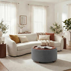 29.1 Inch Round Ottoman Coffee Table, Ottoman with Storage, Boucle Grey | Storage Ottoman with Removable Lid Top, Solid Wood Legs, Round Ottoman for Living Room, Bedroom, Apartments