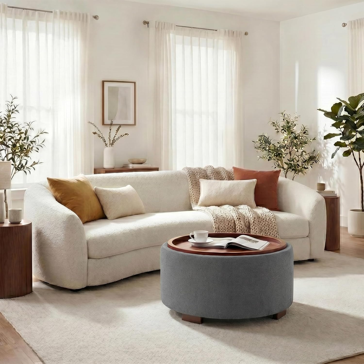 29.1 Inch Round Ottoman Coffee Table, Ottoman with Storage, Boucle Grey | Storage Ottoman with Removable Lid Top, Solid Wood Legs, Round Ottoman for Living Room, Bedroom, Apartments