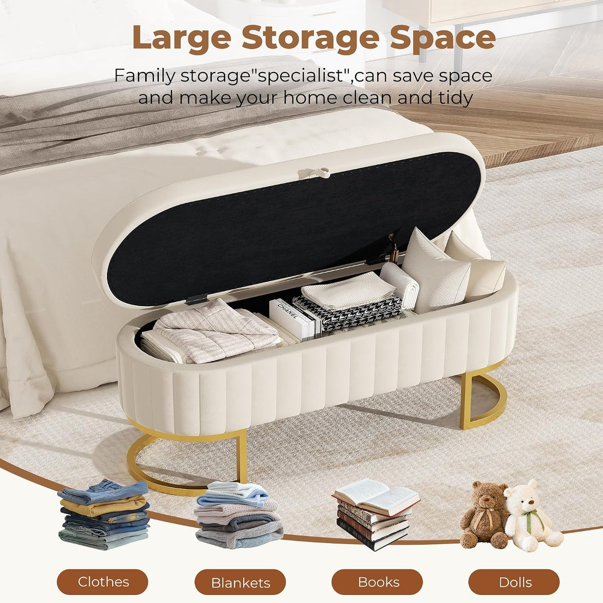 Storage Ottoman Bench, 45" Velvet End of Bed Bench Bedroom Bench with Golden Metal Legs, Upholstered Storage Bench for Bedroom Living Room Entryway and Window, Beige