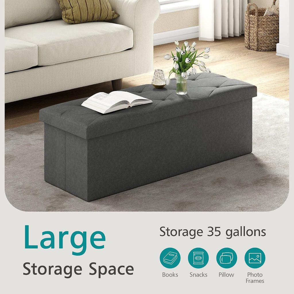 VECELO 43'' Folding Storage Ottoman Bench, Storage Chest, Linen Fabric Foot Rest Stool, 158L Storage Footstools for Bedroom and Living Room, Holds up to 660 lbs, DGRY