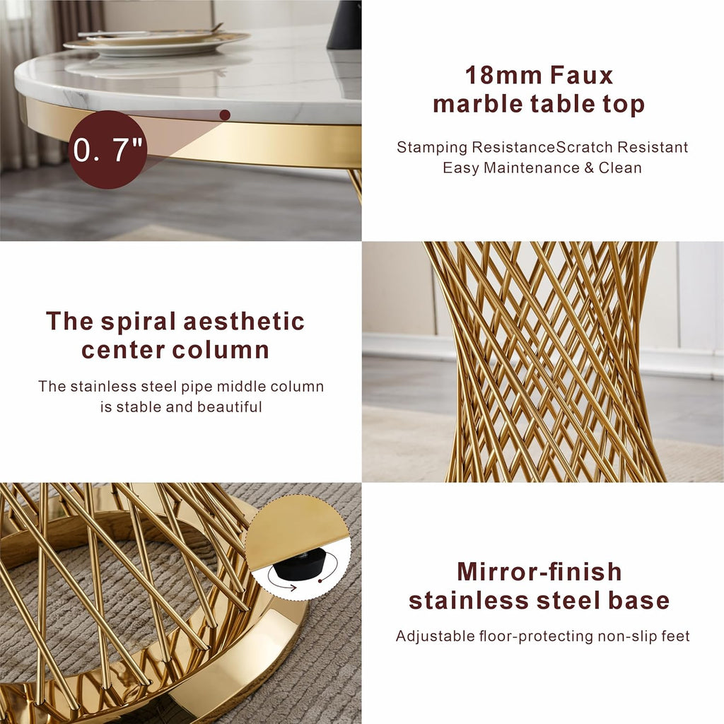 GlyphForm 47" Round Faux Marble Dining Table for 4 to 6, Luxury Modern White Kitchen Table with Gold Stainless Steel Spiral Base Frame, easy to clean Heavy Duty Dining Room Table for Home Office, MDF