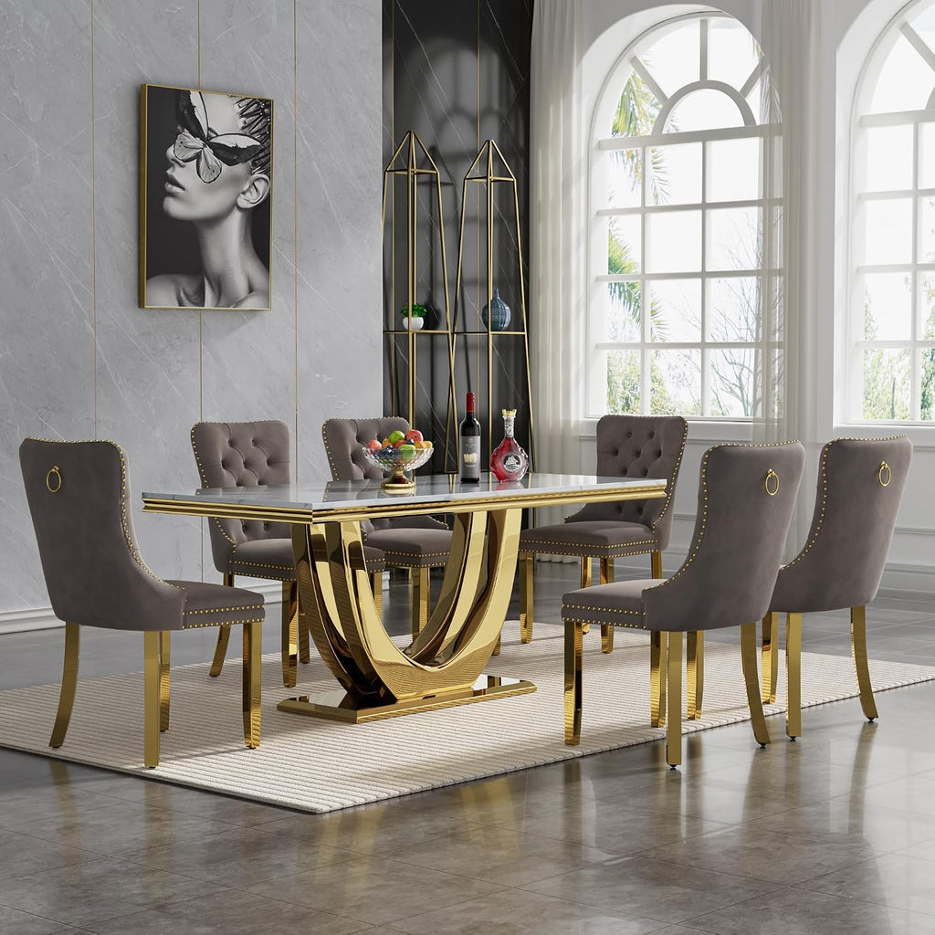 68" Marble Dining Table Set for 6, Luxury White Gold Kitchen Table with 6 Grey Velvet Dining Chairs, Modern Fuax Marble 7-Piece Dining Room Table Set for 6 w/Stainless Steel U-Base