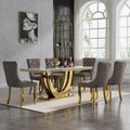 68" Marble Dining Table Set for 6, Luxury White Gold Kitchen Table with 6 Grey Velvet Dining Chairs, Modern Fuax Marble 7-Piece Dining Room Table Set for 6 w/Stainless Steel U-Base