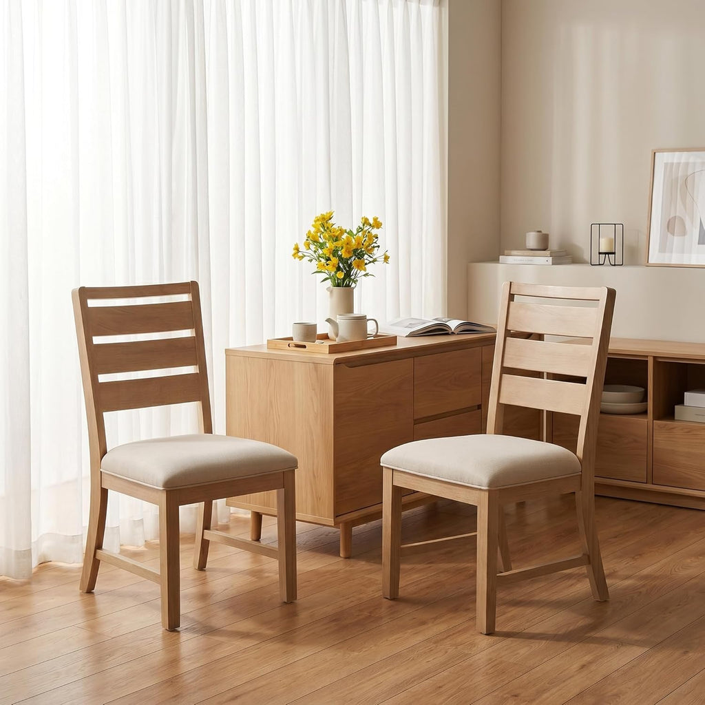 COLAMY Modern Dining Chairs Set of 2, Breathable Fabric Kitchen Chairs with High-Resilience Cotton Padding, Ergonomic Solid Wood Legs Accent Seating for Living Room 250LBS,Oak Natural