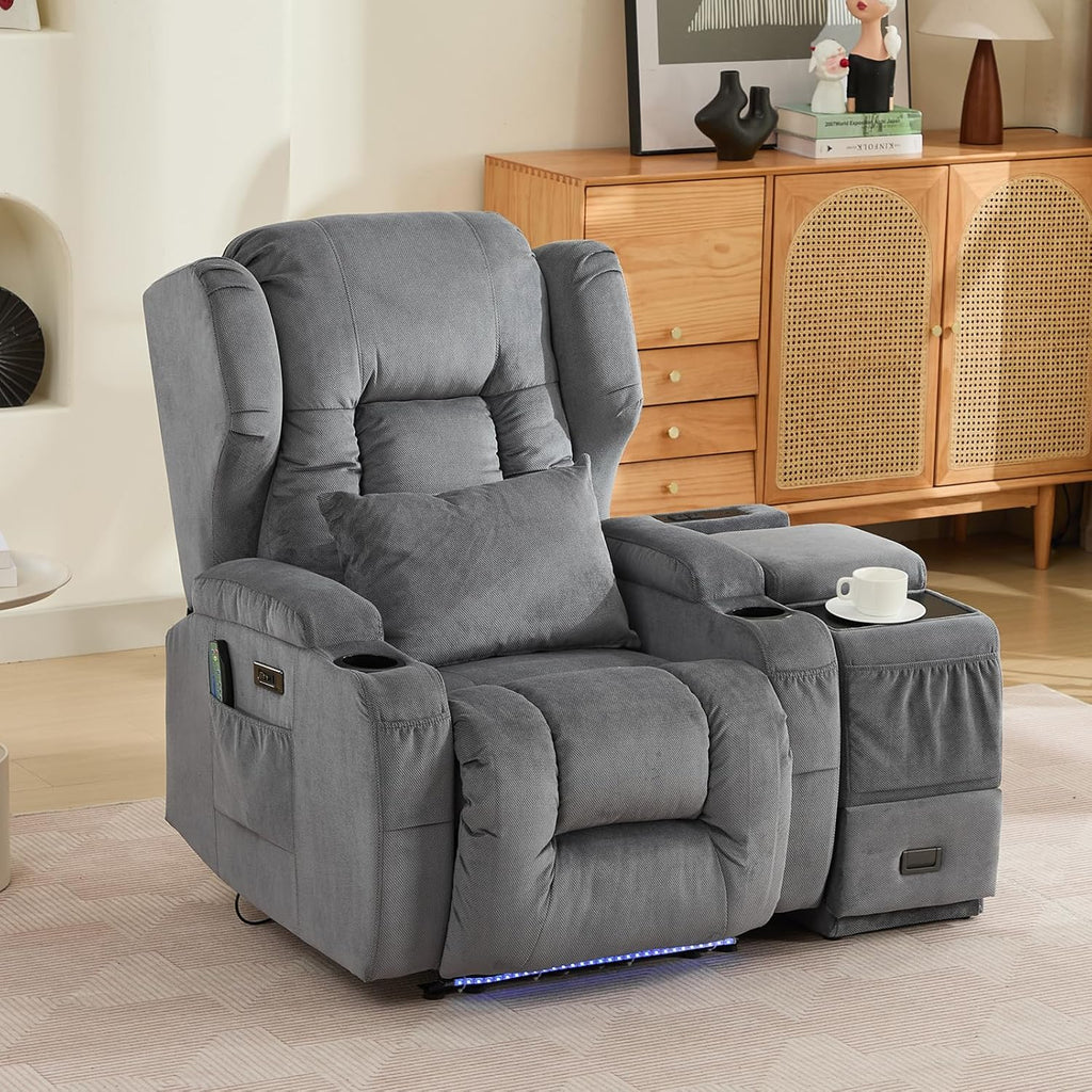 Center Console for Recliner, Fuctional Sofa Side Table with Storage Drawers, Gray Sofa Console Table with Dual Charging Ports, End Table (Linen, Gray)