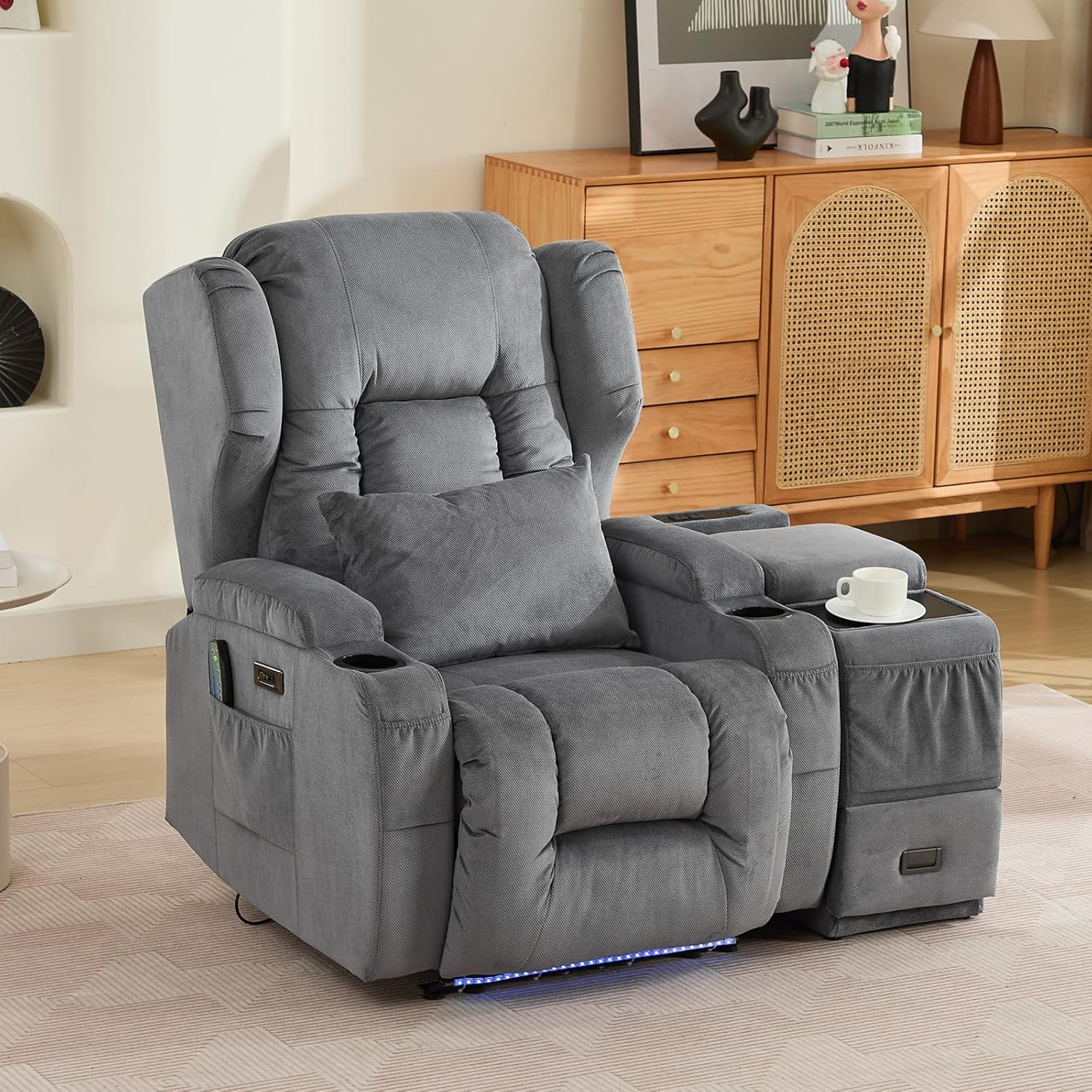 Center Console for Recliner, Fuctional Sofa Side Table with Storage Drawers, Gray Sofa Console Table with Dual Charging Ports, End Table (Linen, Gray)