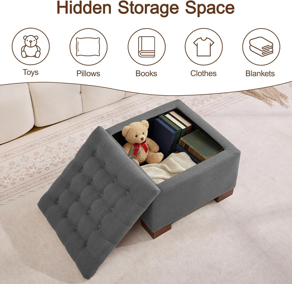 WUTUTUEE 24" Fabric Square Storage Ottoman with Wooden Tray, Modern Tufted Button Footstool Coffee Table, Upholstered Small Ottoman for Living Room, Bedroom, Dark Gray