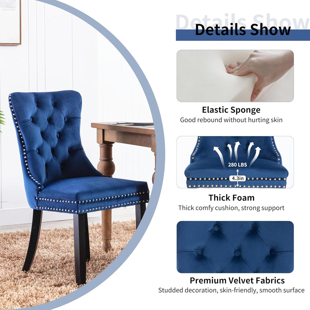 5 Pieces Modern Luxury Glass Dining Set, Minimalist Rectangle Dinner Room Set for 4, 47'' Clear Glass Top Kitchen Table Set with Black Base, Blue Tufted Chairs, for Small Apartment Home
