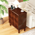 Narrow End Table with Charging Station, Slim Side Table with Drawers for Small Spaces, Long Nightstand with Storage, Traditional Small Bedside Cabinet for Living Room/Bedroom/Corner, Walnut