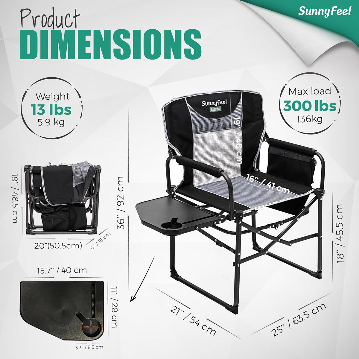 SUNNYFEEL Oversized Camping Chair Portable Directors Chairs with Side Table | Heavy Duty Folding Lawn Chair for Adults 300LBS with Compact Size, Breathable Mesh, Pocket & Carry Bag for Outdoor, Lawn, RV