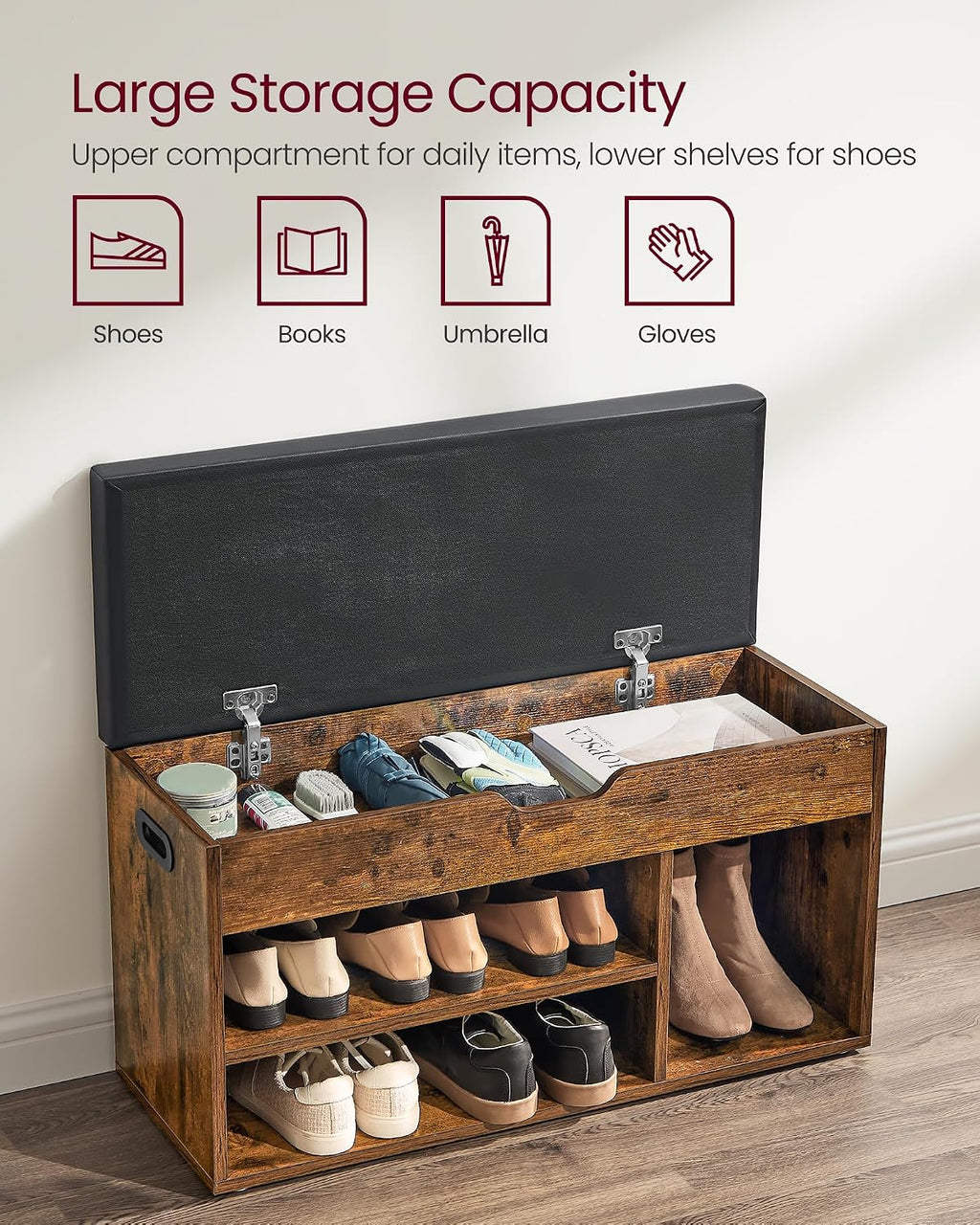 VASAGLE Storage Bench with Cushion, Shoe Bench,11.8 x 31.5 x 17.3 Inches | Padded Seat, Hidden Storage, Hold up to300 lb, Entryway, Rustic Brown and Ink Black, CUSTOS Collection ULHS30BX